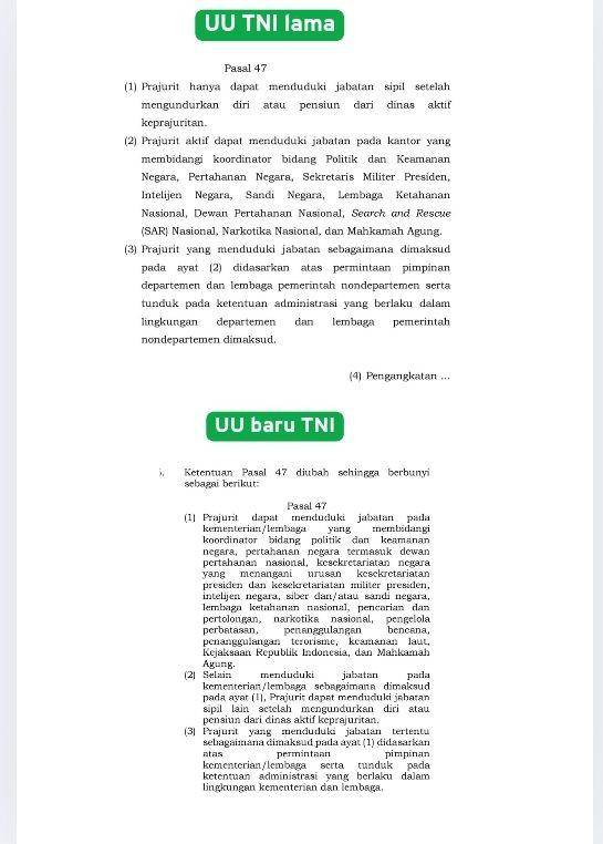 Perbandingan UU baru TNI dengan UU TNI tahun 2004 pasal 47. (Dokumen UU TNI)