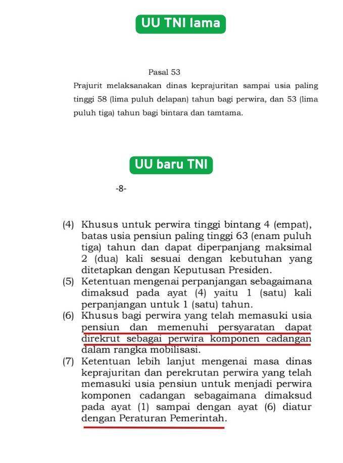 Perbandingan pasal 53 di dalam UU TNI lama dan revisi UU TNI yang sudah disahkan DPR. (Dokumen UU TNI)