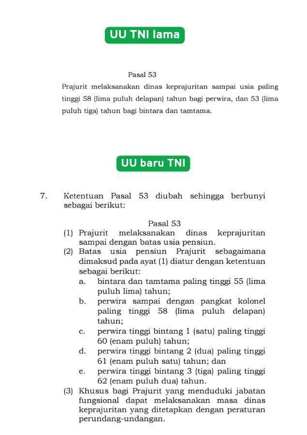 Perbandingan pasal 53 di dalam UU TNI lama dan revisi UU TNI yang sudah disahkan DPR. (Dokumen UU TNI)