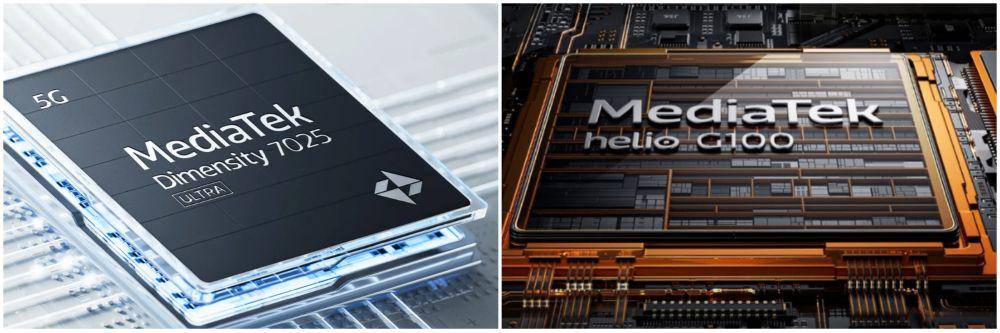 ilustrasi prosesor MediaTek Dimensity 7025 Ultra (mi.co.id) | ilustrasi prosesor MediaTek Helio G100 (tecno-mobile.com)