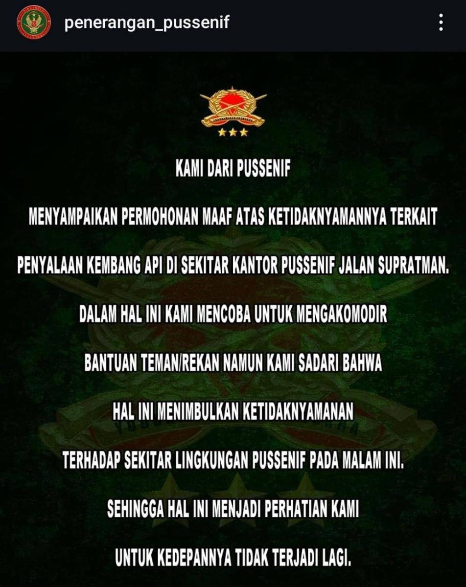 Permintaan maaf yang disampaikan Pussenif TNI Angkatan Darat (AD) soal penggunaan kembang api. (www.instagram.com/@penerangan_pussenif)