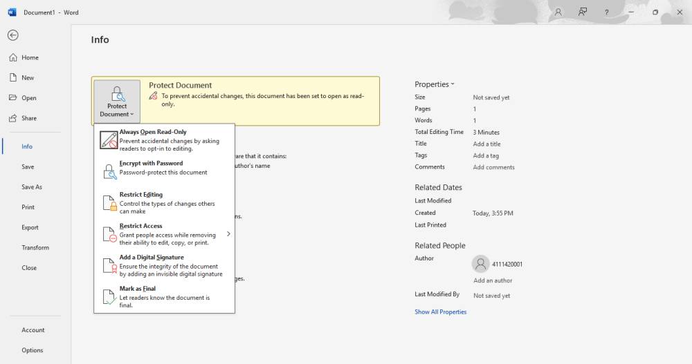 tampilan pengaturan Protect Document di Microsoft Word (dok. pribadi/Diyah Esti Cahyo Pertiwi)