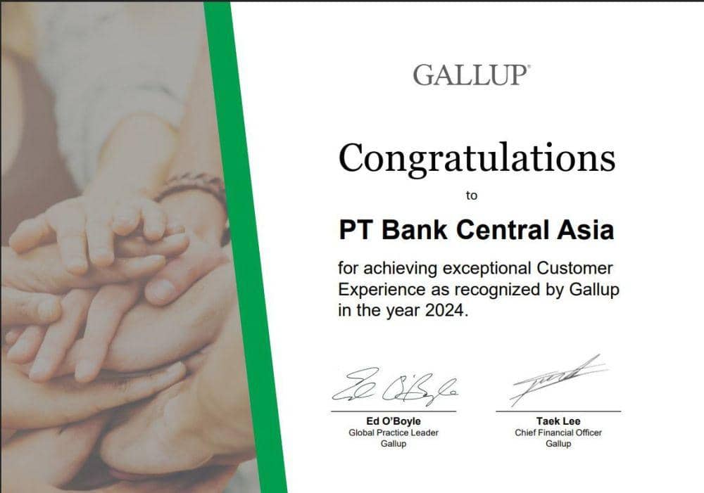 PT Bank Central Asia Tbk (BCA) kembali meraih penghargaan Gallup Global Customer Engagement untuk keempat kalinya secara berturut-turut. (Dok. BCA).