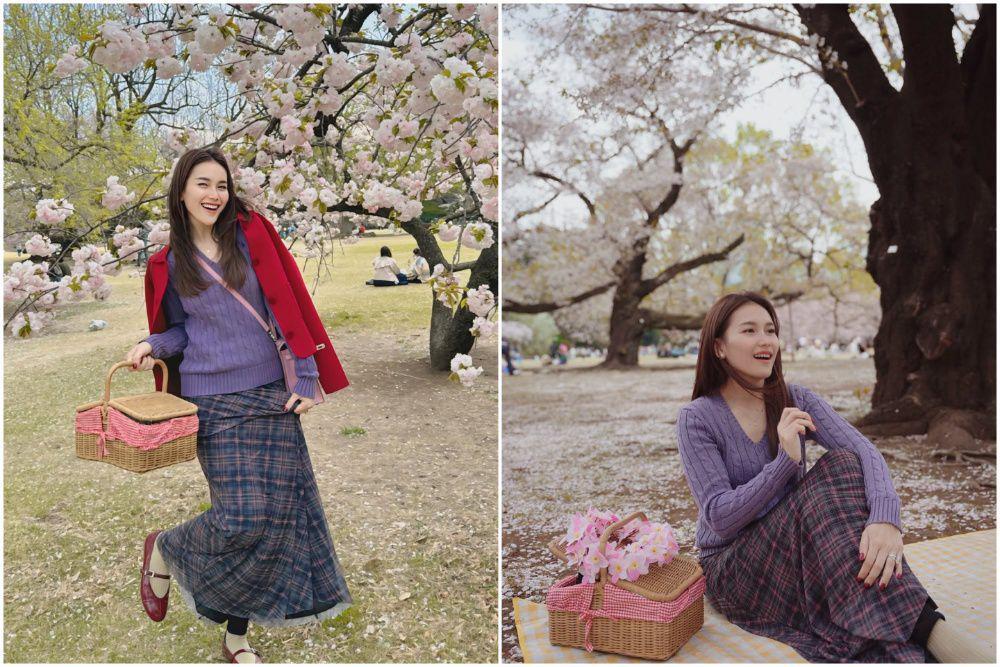 7 Pesona Ayu Ting Ting saat Piknik di Bawah Pohon Sakura, Menawan!