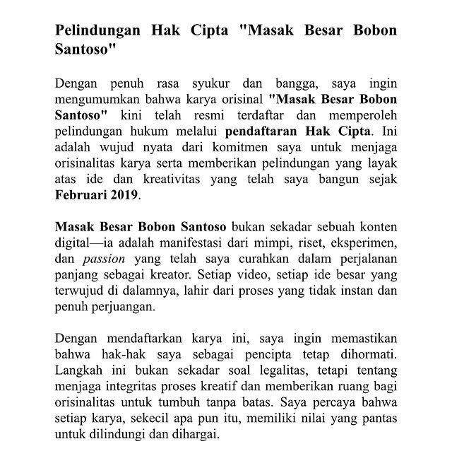 pernyataan Bobon Santoso (Instagram.com/bobonsantoso)