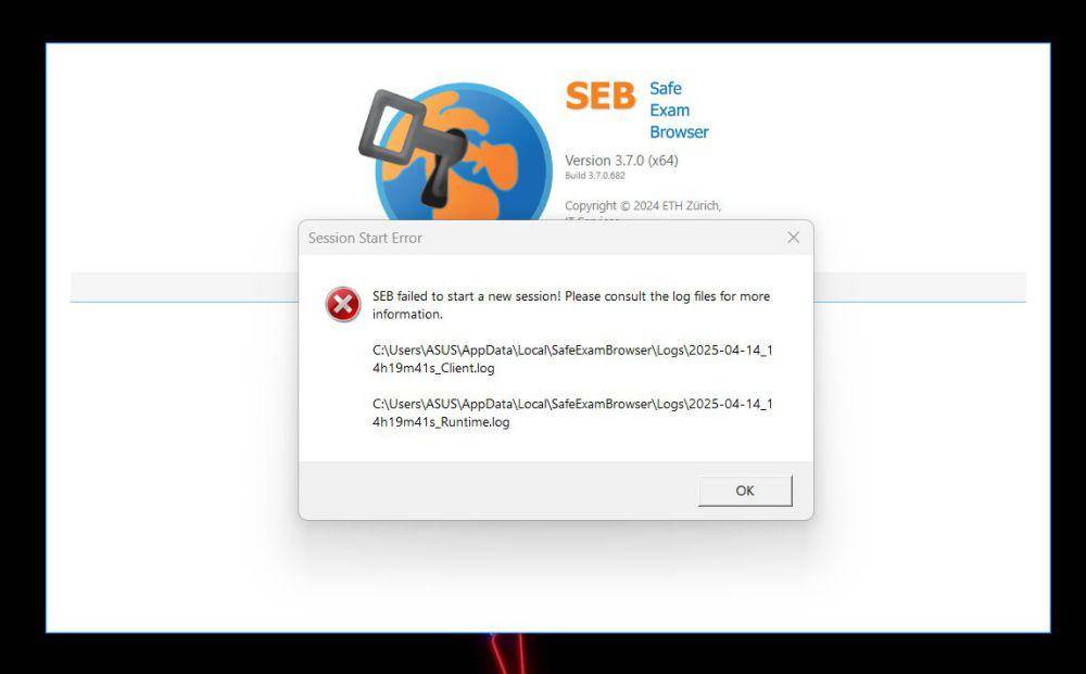 pesan galat bertuliskan "SEB failed to start a new session!" saat menjalankan aplikasi Safe Exam Browser (dok.pribadi/Reyvan Maulid)