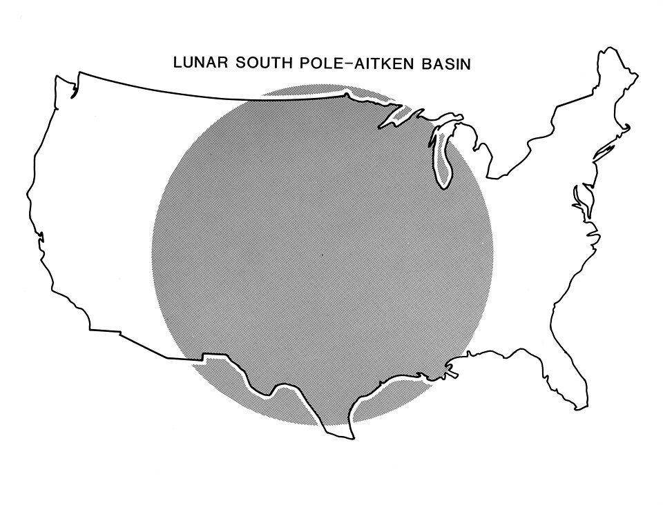 ilustrasi perbandingan luas cekungan Aitken dengan Amerika Serikat (commons.wikimedia.org/Lunar and Planetary Institute)