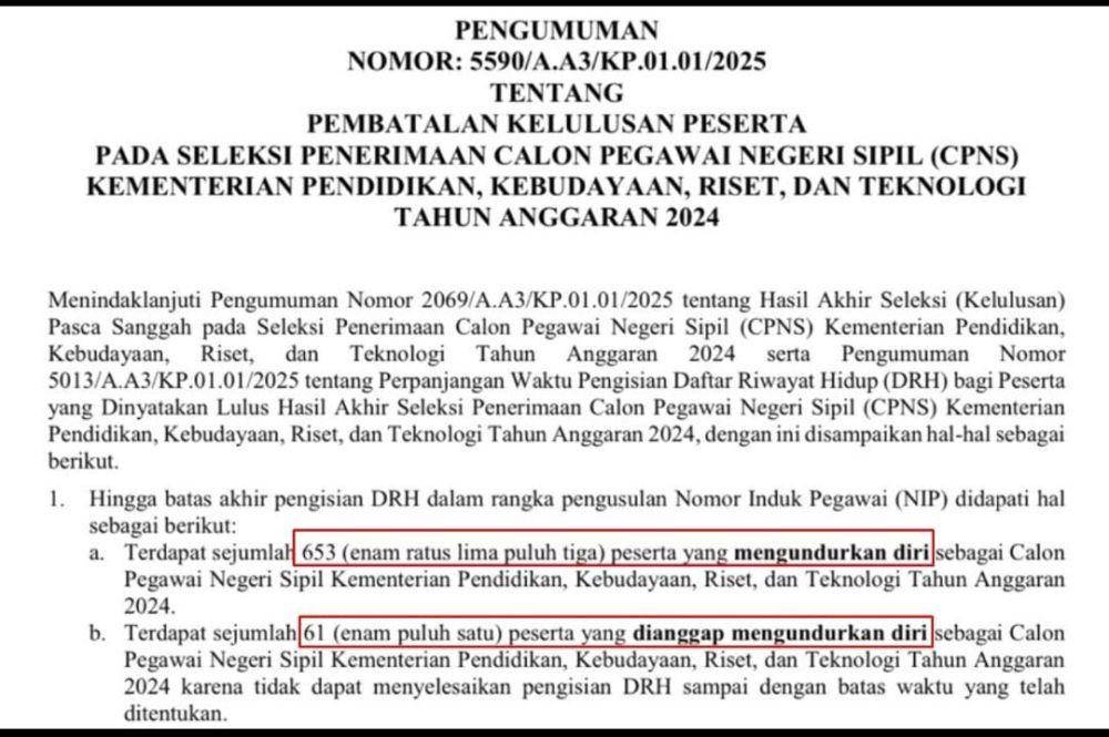 Jejaring media sosial dihebohkan dengan beredarnya surat pengumuman mengenai pembatalan kelulusan peserta pada seleksi CPNS Kemendiktisaintek 2024 (dok. Istimewa)
