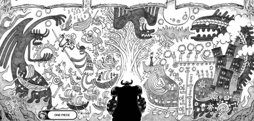 Mural yang mengisahkan kejadian di masa lalu (dok. Shueisha/One Piece)