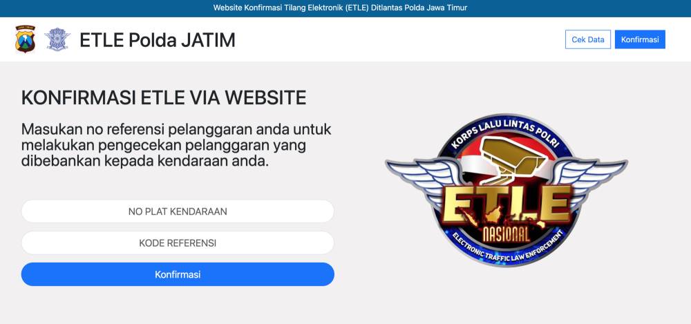 Konfirmasi ETLE via website ETLE Polda Jatim (jatim.etle-korlantas.id)