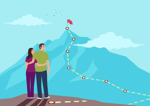 ilustrasi pasangan menatap gunung dari kejauhan (iStock/rudall30)