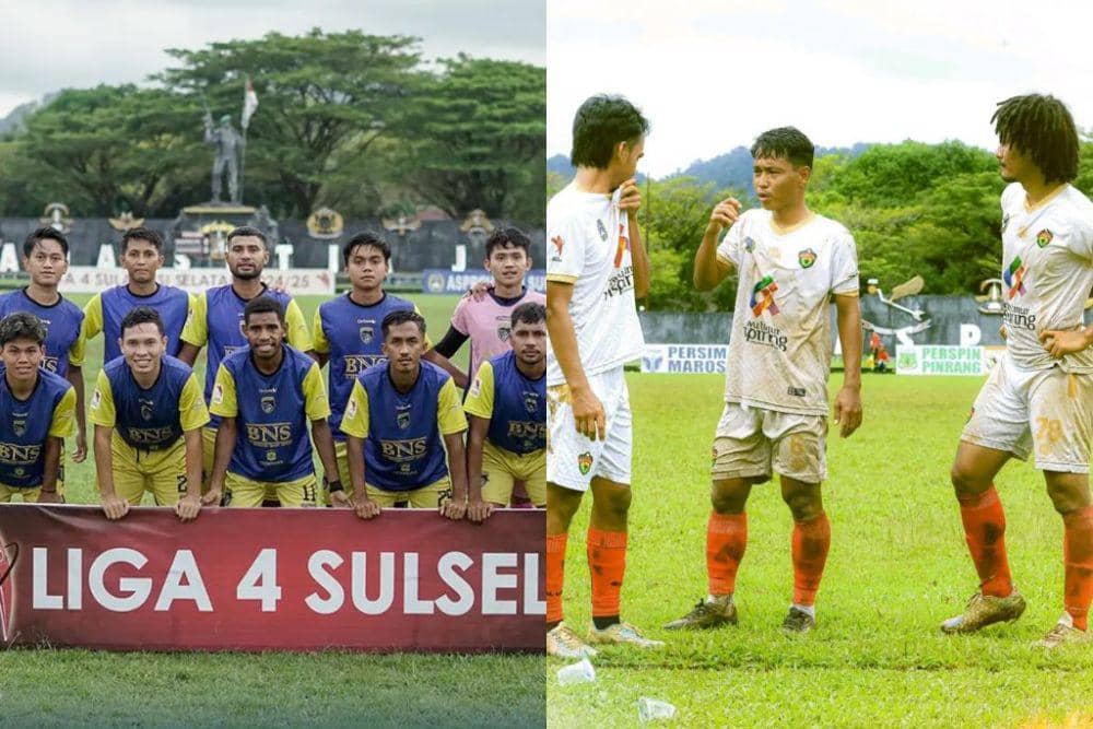 Para pemain Mangiwang FC (kiri) dan Perslutim Luwu Timur (kanan) saat bertanding di Liga 4 Sulawesi Selatan 2024/2025 pada Februari 2025. (Kolase Berbagai Sumber)
