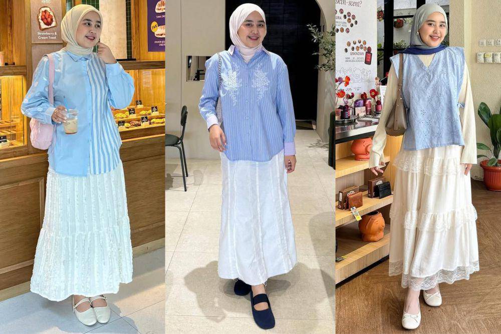 potret ide OOTD kasual nuansa biru ala Meilan Indrajati