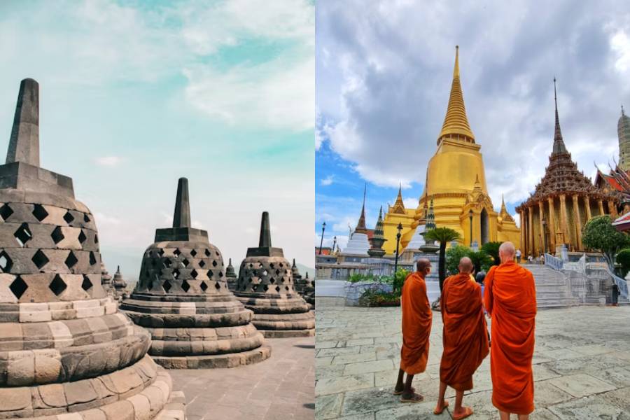 Potret Candi Borobudur, Magelang, Jawa Tengah (unsplash.com/avivrchmdn) | Potret Wat Pho di Bangkok, Thailand (unsplash.com/muriet)