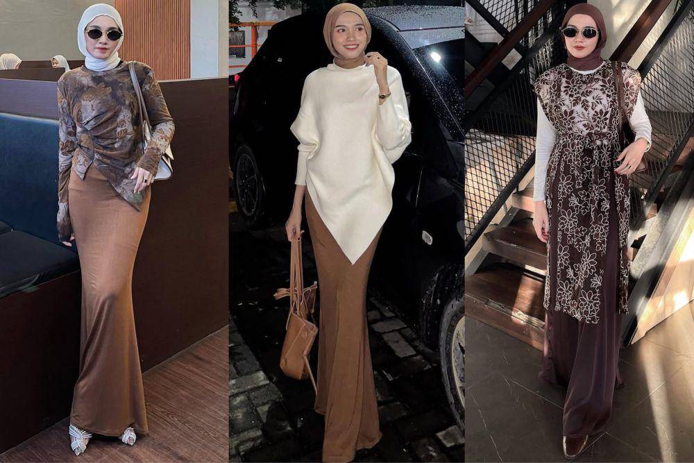potret ide OOTD hijab serba rok dan atasan cokelat ala Lisna Feri (instagram.com/lisnaferi)