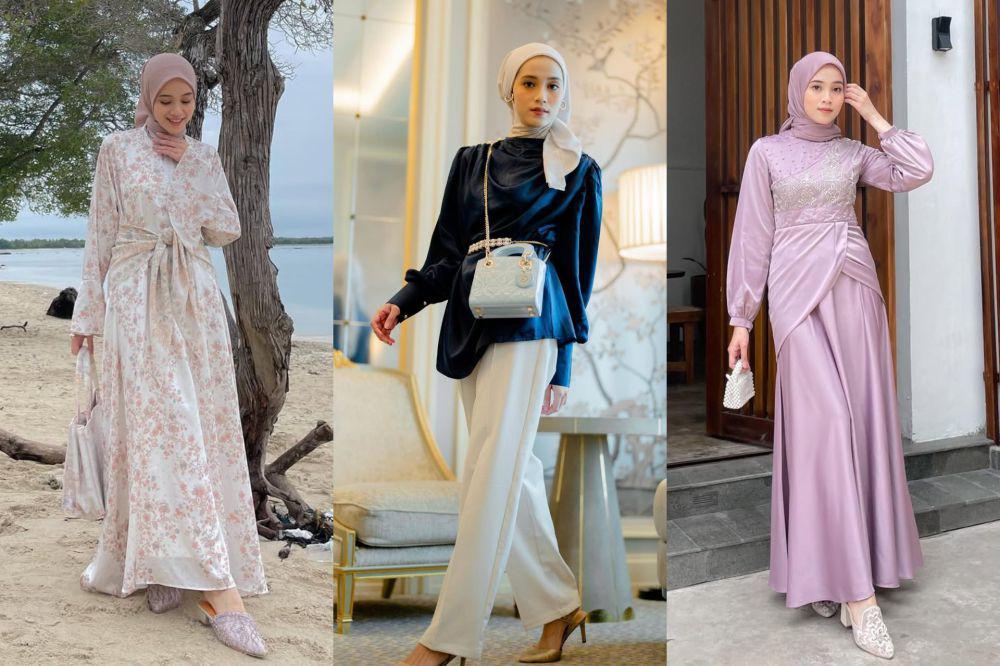 7 OOTD Hijab Dress dan Blus Satin ala Vina Maulina, Classy!