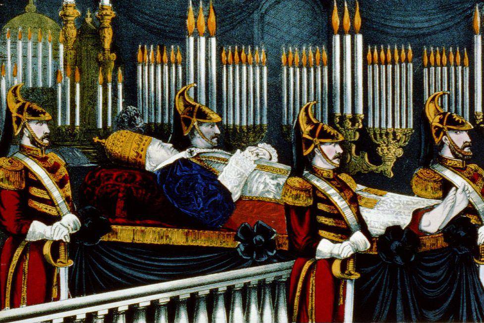 ilustrasi jenazah Paus Pius IX bersama Pengawal Kehormatannya selama pemakaman di Santo Petrus (commons.wikimedia.org/Currier and Ives)