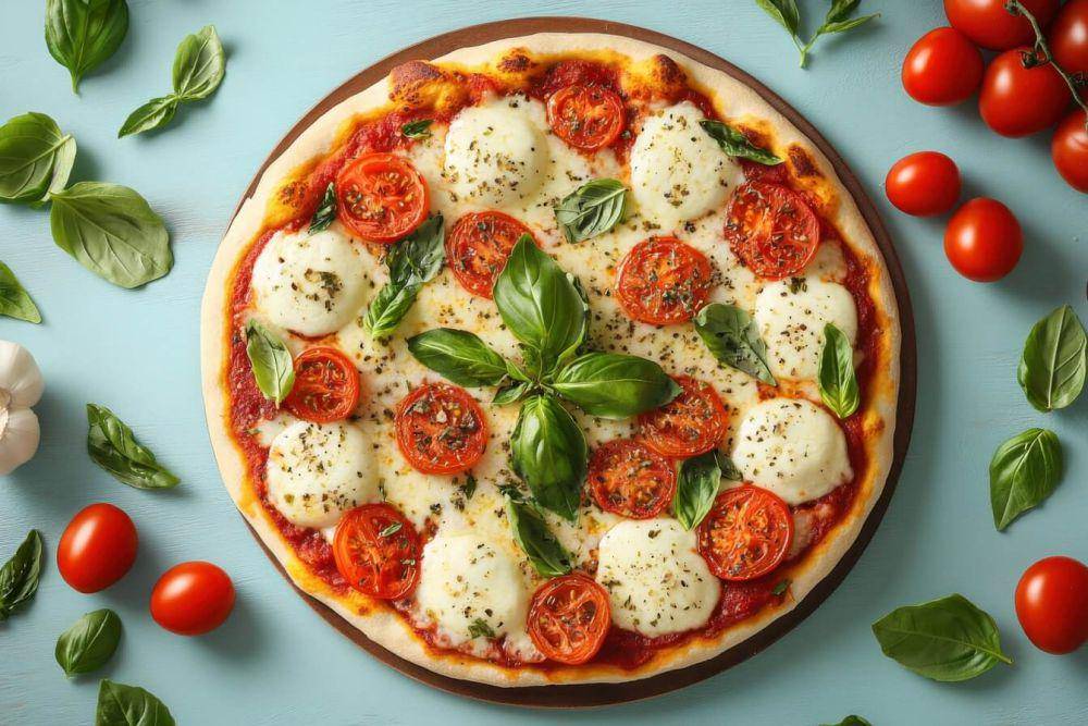 ilustrasi pizza dengan keju mozarella (vecteezy.com/Max Prasolenko)