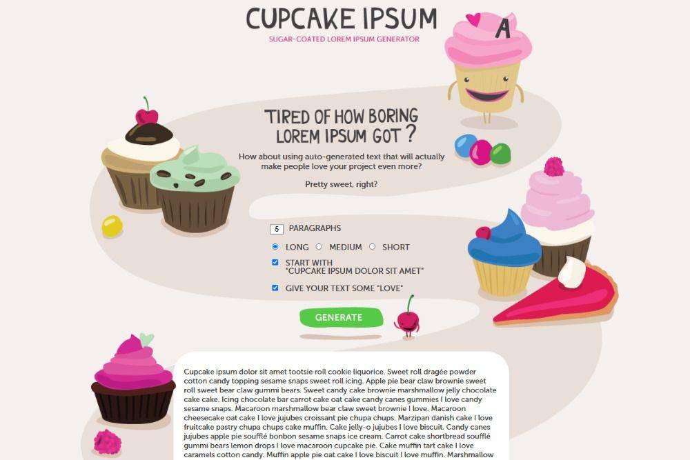 Tampilan generator Cupcake Ipsum (cupcakeipsum.com)