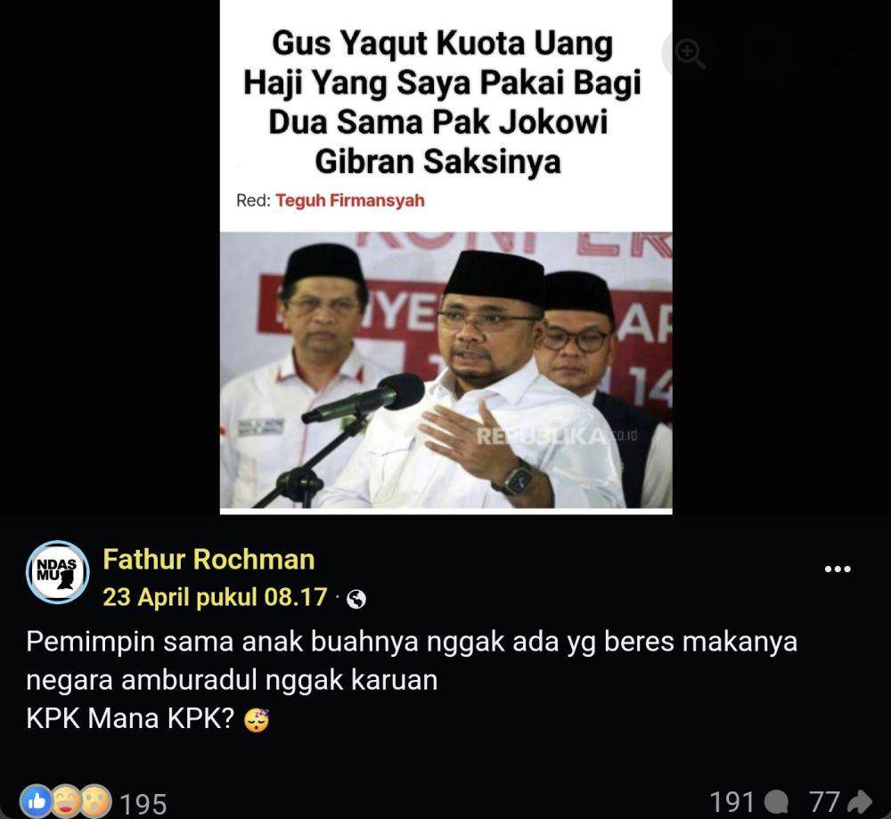 Unggahan Facebook Fathur Rochman (Facebook.com/fathur.klowor/)