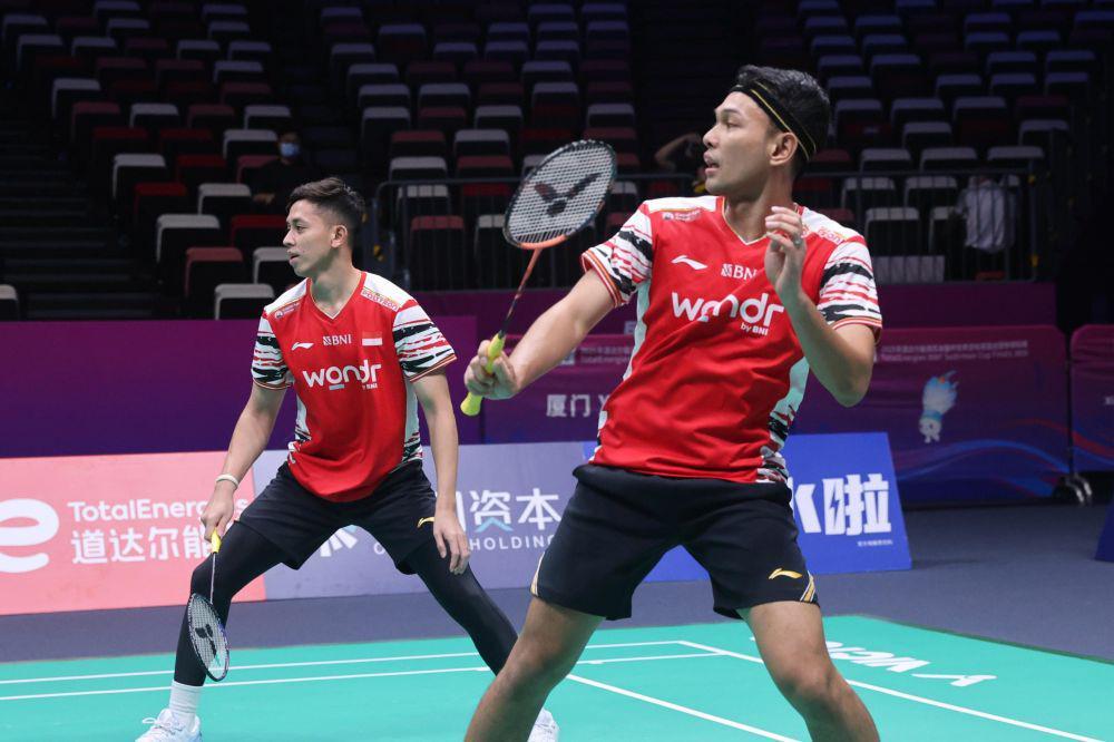 Ganda putra Indonesia, Fajar Alfian/Muhammad Rian Ardianto melawan Inggris di fase Grup D Piala Sudirman 2025 (dok. PP PBSI)