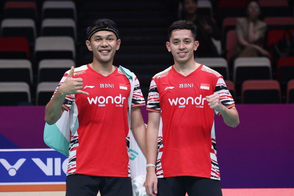 Ganda putra Indonesia, Fajar Alfian/Muhammad Rian Ardianto melawan Inggris di fase Grup D Piala Sudirman 2025 (dok. PP PBSI)