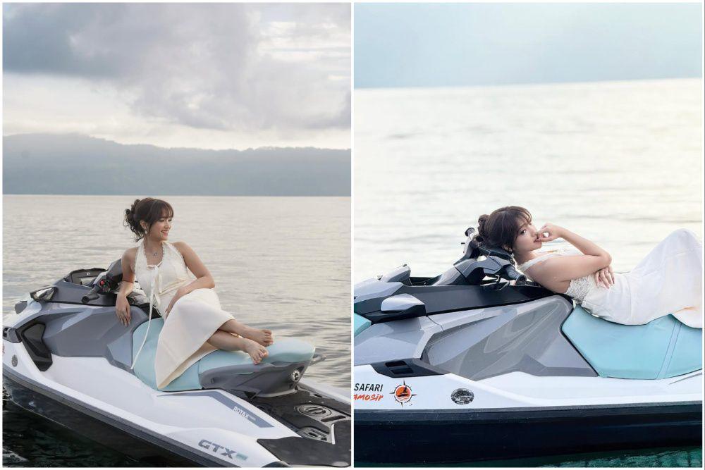 7 Foto Fuji Naik Jetski di Danau Toba, Anggun Bergaun Putih!