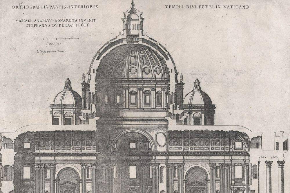 desain Basilika Santo Petrus abad ke-16 (commons.wikimedia.org/Antonio Lafreri, Étienne Dupérac, Michelangelo, Claude Duchet)