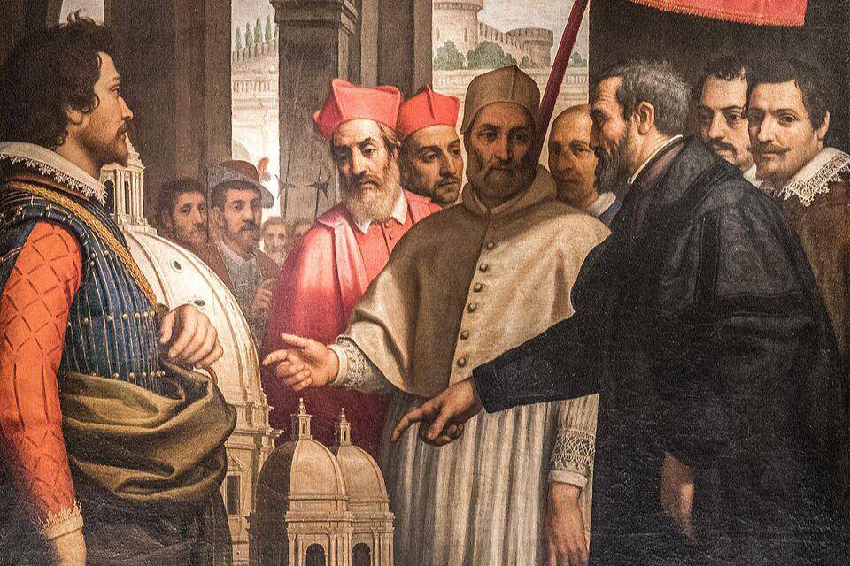 Michelangelo menunjukkan model Basilika Santo Petrus kepada Paus Pius IV. (commons.wikimedia.org/Domenico Passignano)