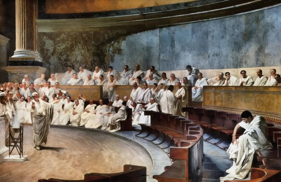 ilustrasi Cicero berorasi depan Senat (Commons.m.wikedia.org/Cesare Maccari [1840 - 1919])