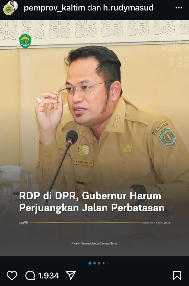 Rudy Masud Sebut KDM Gubernur Konten, Warganet Serbu IG Pemprov Kaltim
