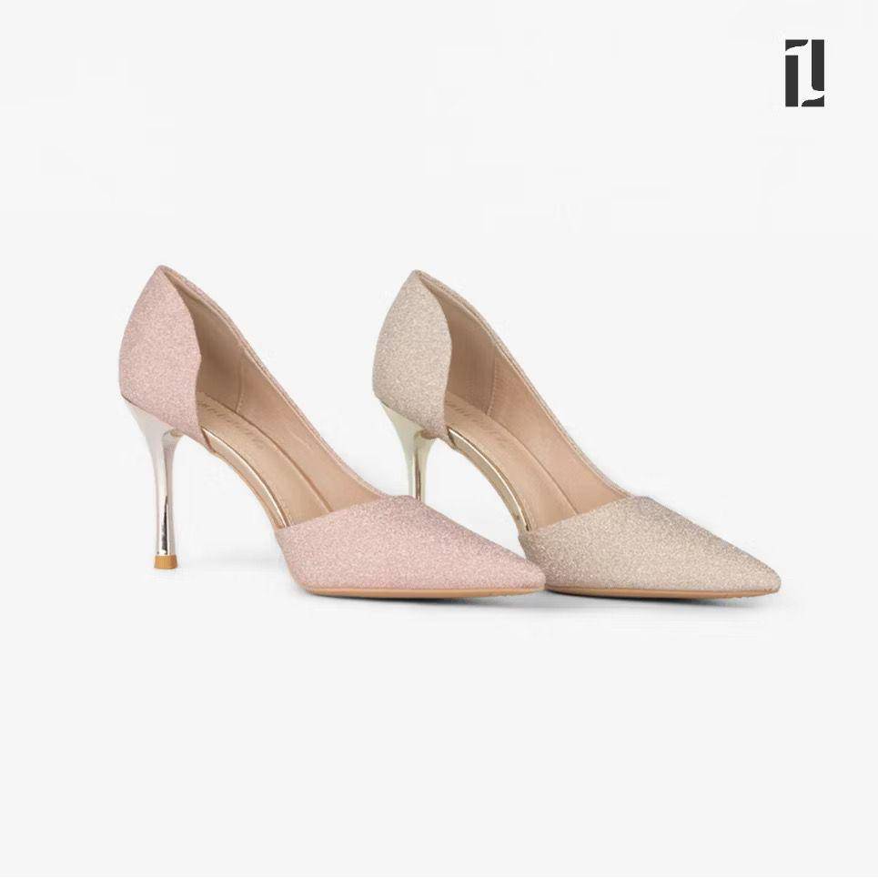 potret rekomendasi heels shimmer nuansa gold dan silver (shopee.com/Lawrensia Official Store)