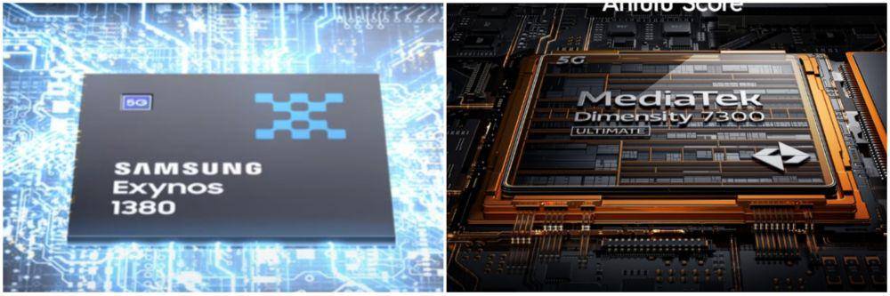 ilustrasi prosesor Exynos 1380 (samsung.com) | ilustrasi prosesor MediaTek Dimensity 7300 Ultimate  (tecno-mobile.com)