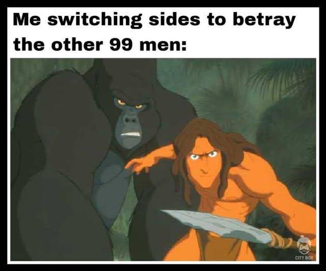 Adegan Tarzan dalam meme 100 men vs 1 gorilla