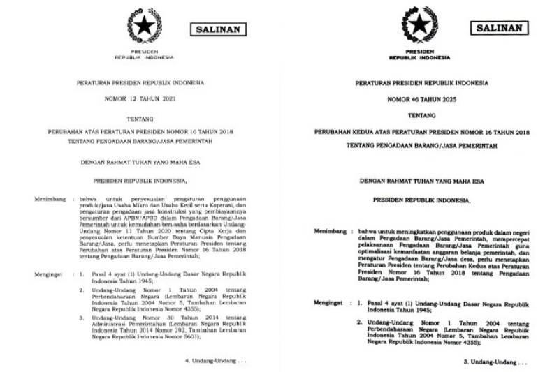 Perpres 12/2021 dan Perpres 46/2025. Perpres terbaru yang mengatur tentang pengadaan barang/jasa pemerintah. (dok. Sekretariat Presiden)