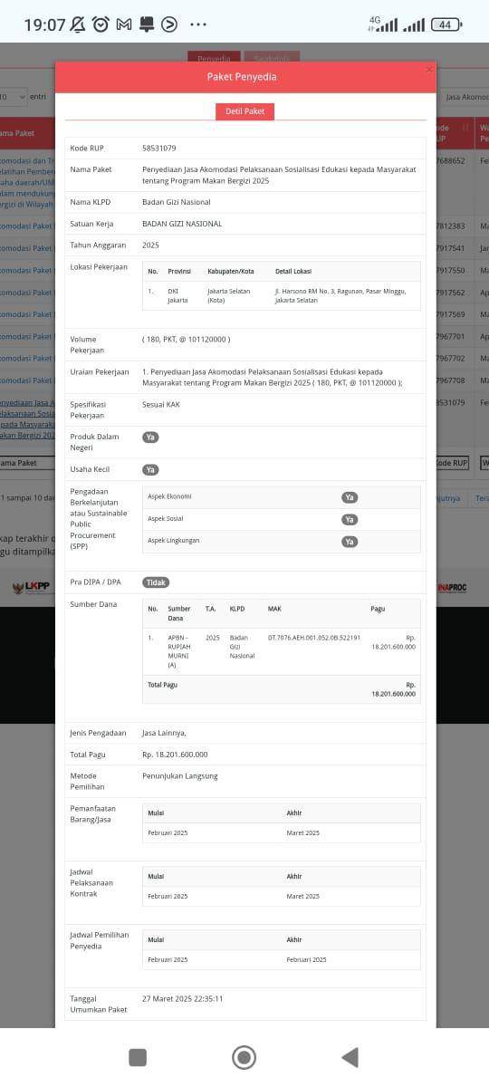 Detail paket pengadaan barang dan Jasa Badan Gizi Nasional (Screenshot situs SiRUP LKPP)
