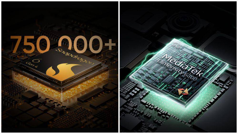 ilustrasi prosesor Qualcomm Snapdragon 6 Gen 4 (kiri) dan MediaTek Dimensity 6300 (kanan) (realme.com)
