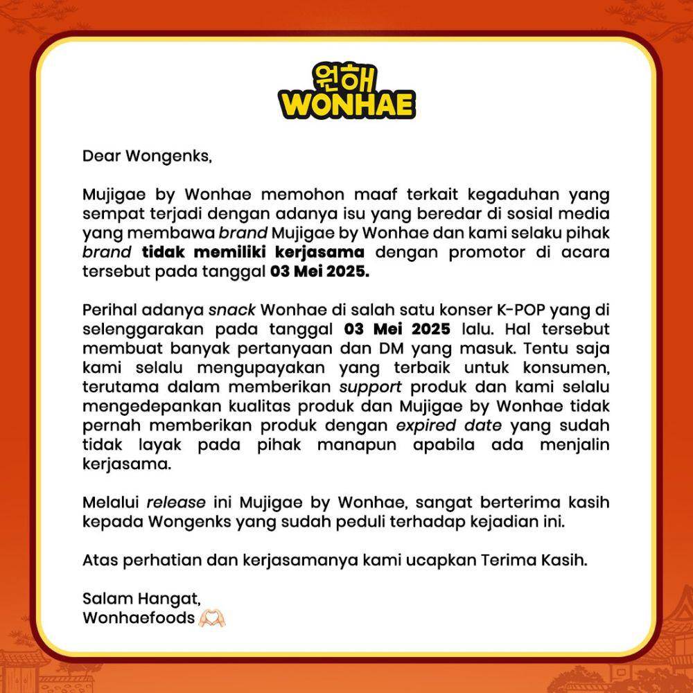 pernyataan Wonhae Foods (x.com/wonhaefoods)