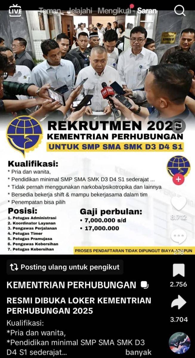 Unggahan informasi rekrutmen pegawai Kemenhub di TikTok (Tangkapan Layar TikTok)