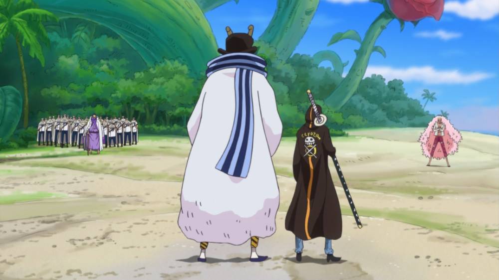 Law berhadapan dengan Doflamingo dan Fujitora. (dok. Toei Animation/One Piece)