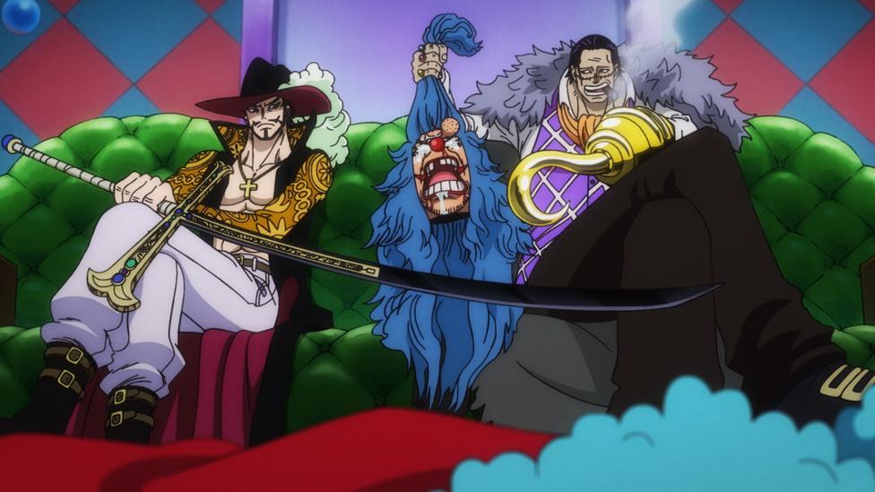 Crocodile dan Mihawk menyiksa Buggy. (dok. Toei Animation/One Piece)
