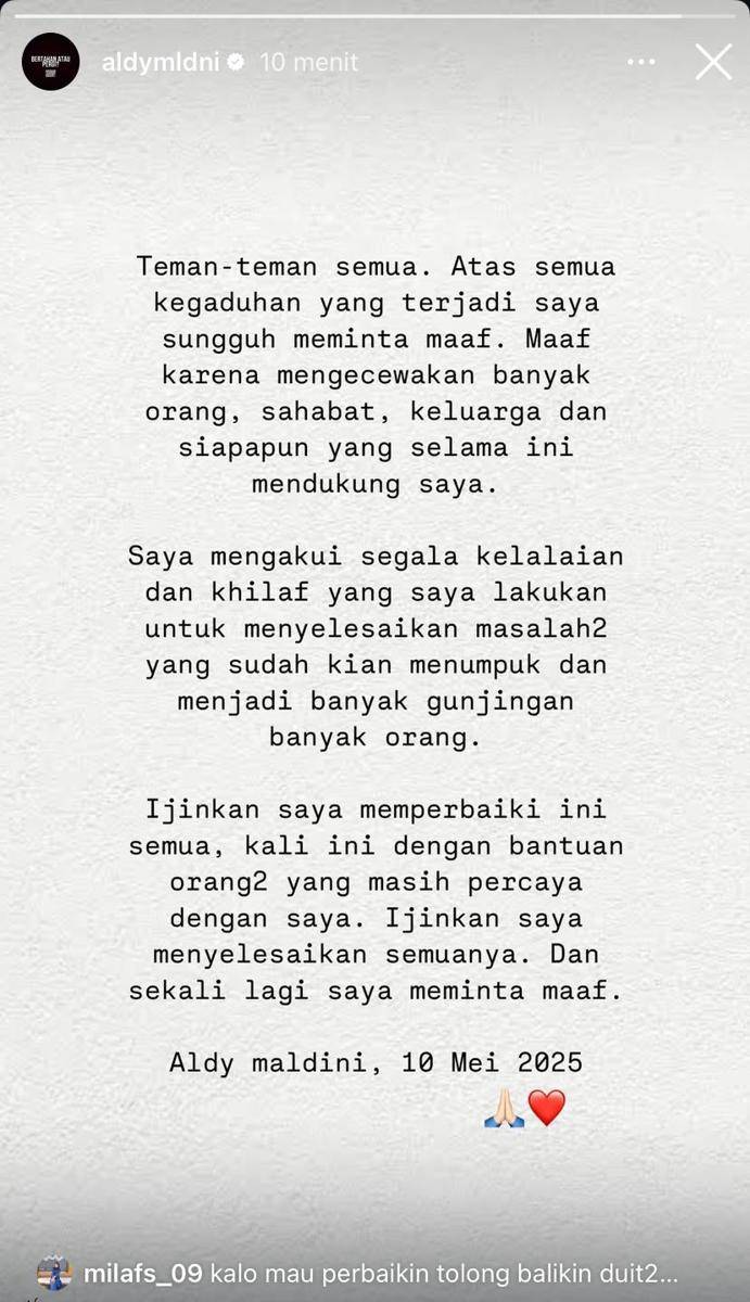 klarifikasi Aldy Maldini (Instagram.com/aldymldni)