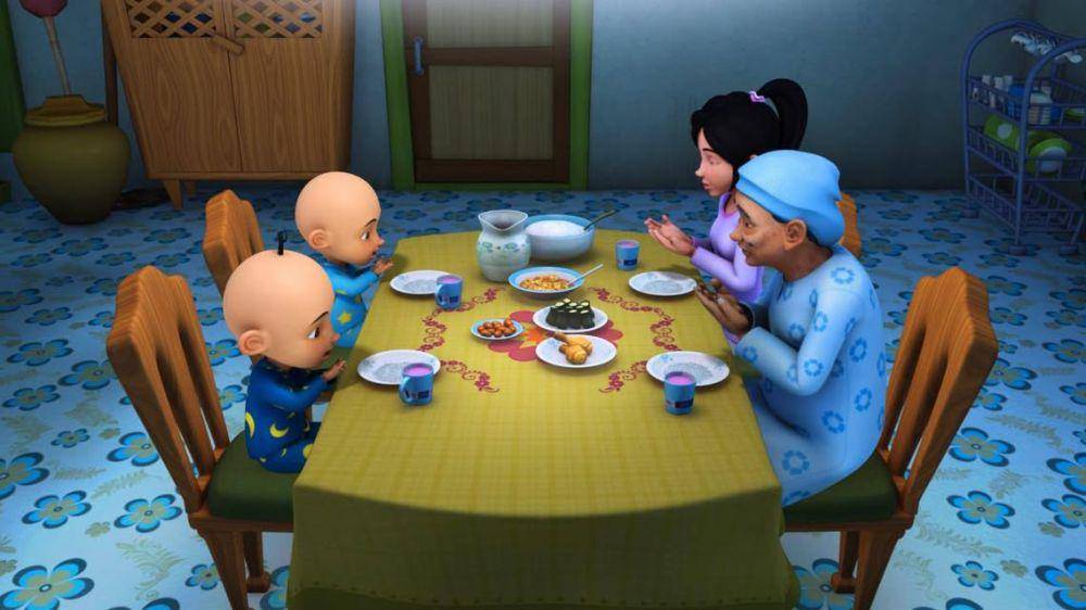 Upin, Ipin, Kak Ros, dan Opah duduk di meja makan bersama (facebook.com/Upin & Ipin)