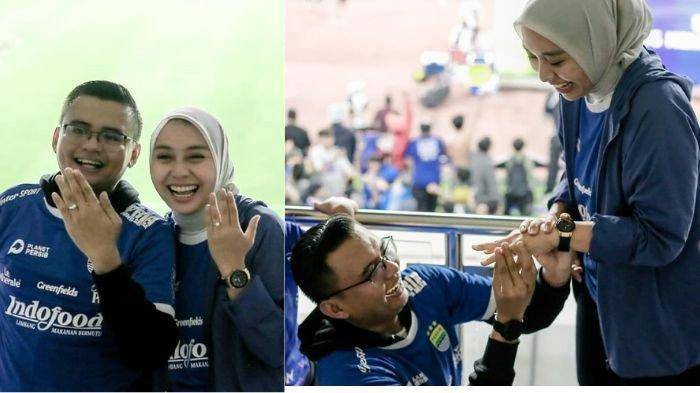DILAMAR - Momen wakil Bupati Garut Putri Karlina dilamar anak KDM yakni Maula Akbar saat nonton pertandingan Persib Bandung melawan Barito Putra, Jumat (9/5/2025) malam (TribunJabar.id)
