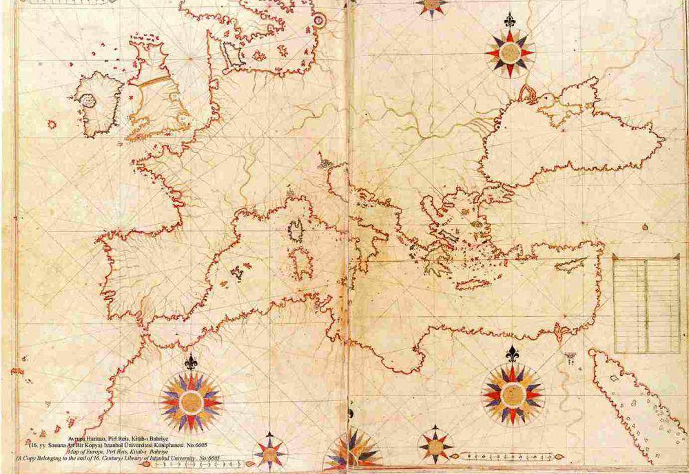 Ilustrasi peta Piri Reis yang menggambarkan Eropa dan Laut Mediterania pada abad ke-16 (commons.wikimedia.org/Piri Reis)