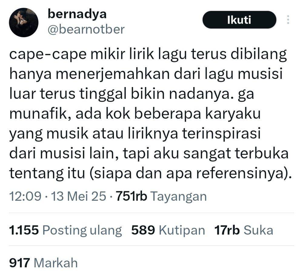 Bernadya buka suara soal tuduhan plagiat lagu musisi lain (X.com/bearnotber)