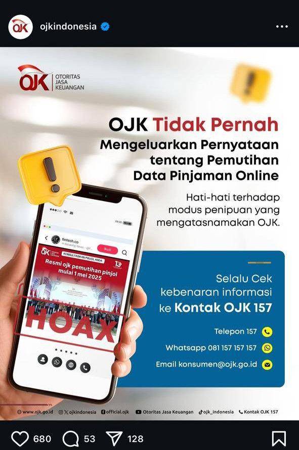 OJK tidak pernah mengeluarkan kebijakan pemutihan data pinjaman onlone.(Dok/Instagram @ojkindonesia).