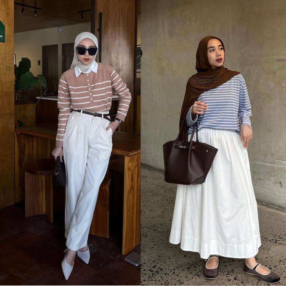 8 Ide Outfit Motif Stripe Hijab ala Dela Ayu, Quiet Preppy!