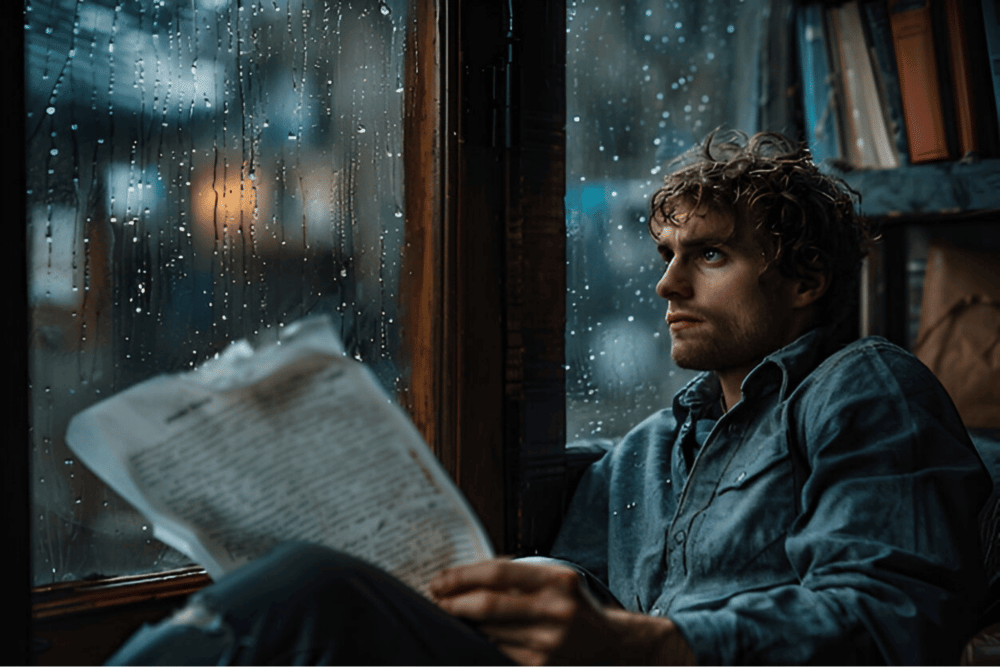 ilustrasi pria nongkrong di kafe saat hujan