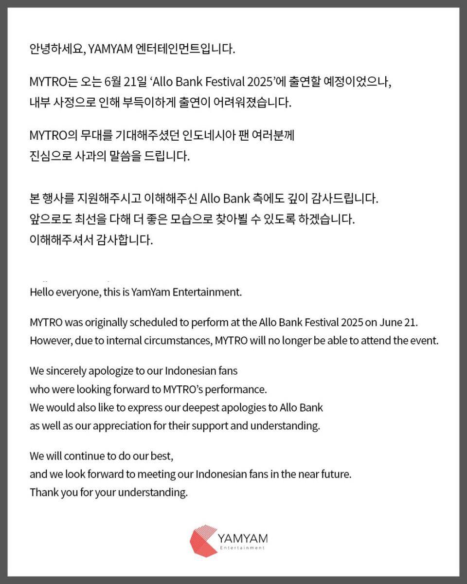 pengumuman MYTRO batal tampil di Allo Bank Festival 2025 (instagram.com/yamyam_ent)